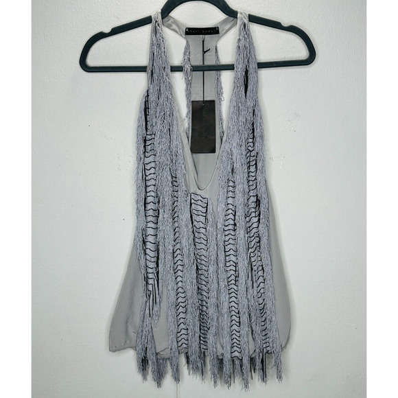 NWT Sheri Bodell Muted Gray Fringe & Chain Design Deep V Racerback Mini Dress S - Picture 1 of 13